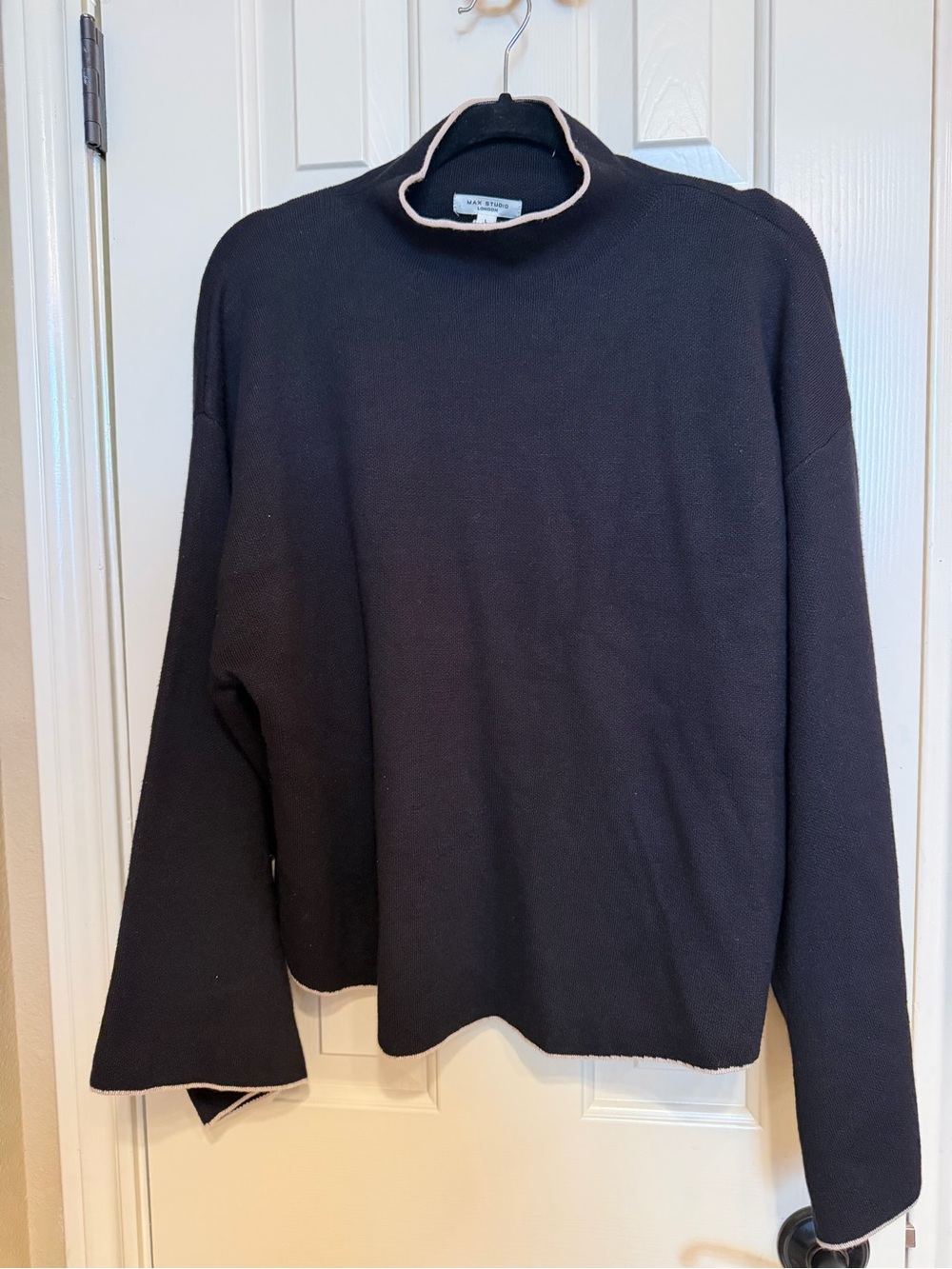 Max Studio Black Turtleneck Sweater with Cream Trim